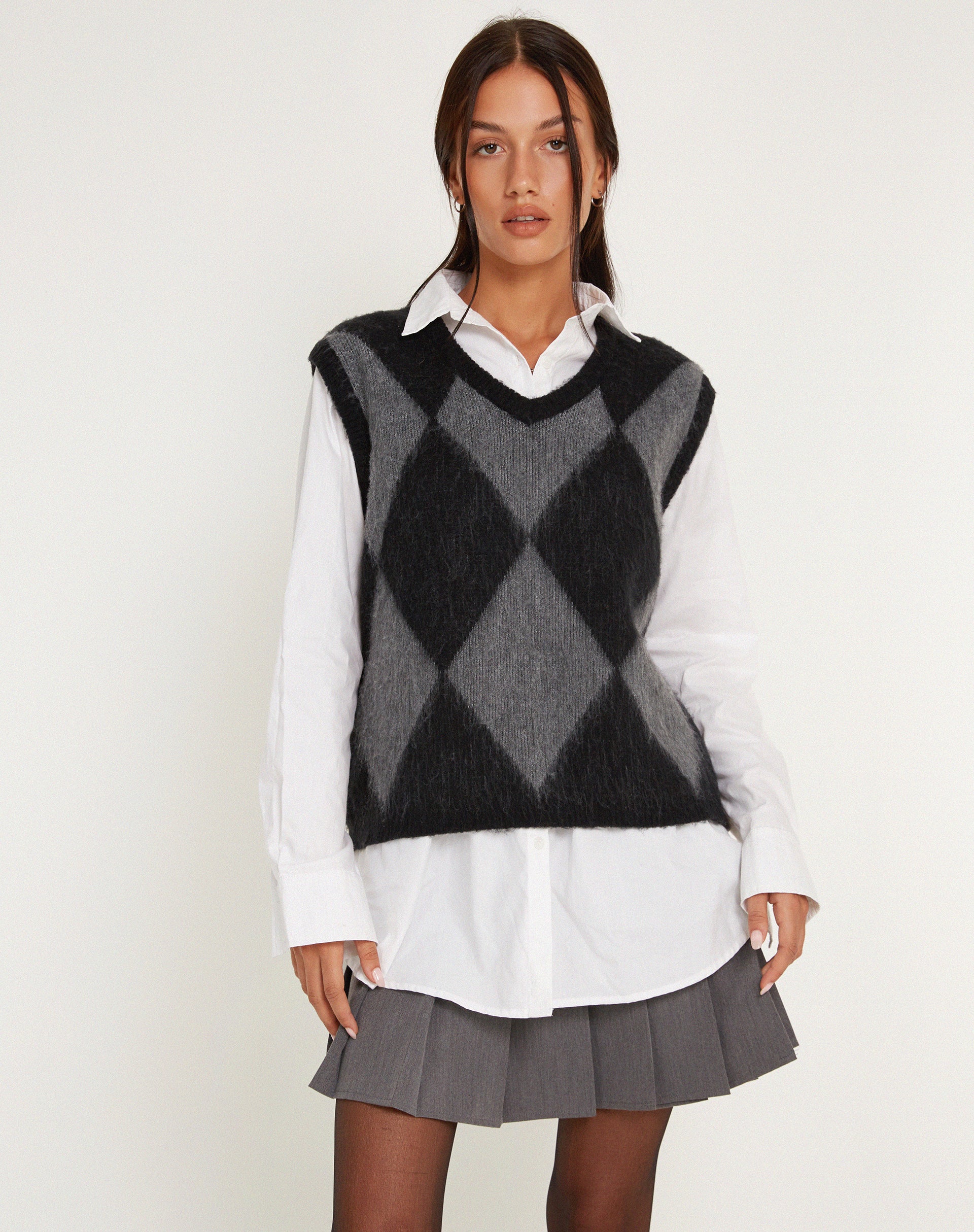 Arisa Sweater Vest in Harlequin Grey and Black-Nico Sky