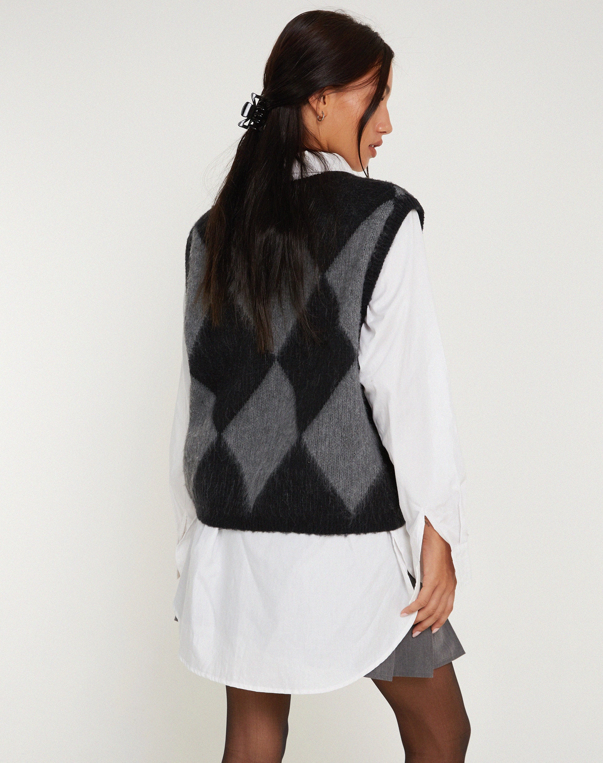Arisa Sweater Vest in Harlequin Grey and Black-Nico Sky