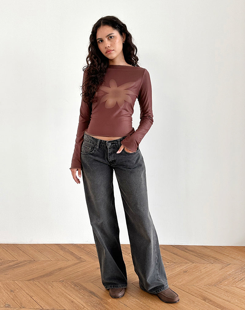 Armali Long Sleeve Top in Mesh Tonal Flower Brown-Nico Sky