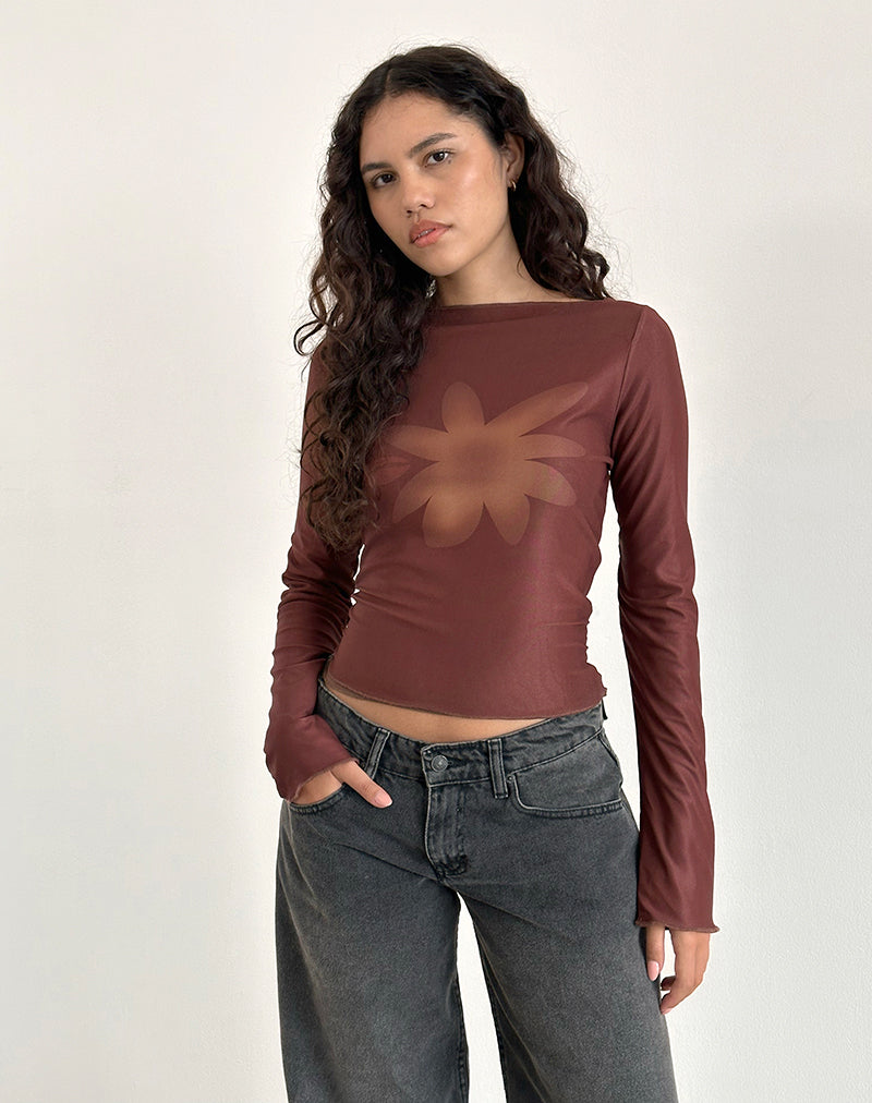 Armali Long Sleeve Top in Mesh Tonal Flower Brown-Nico Sky