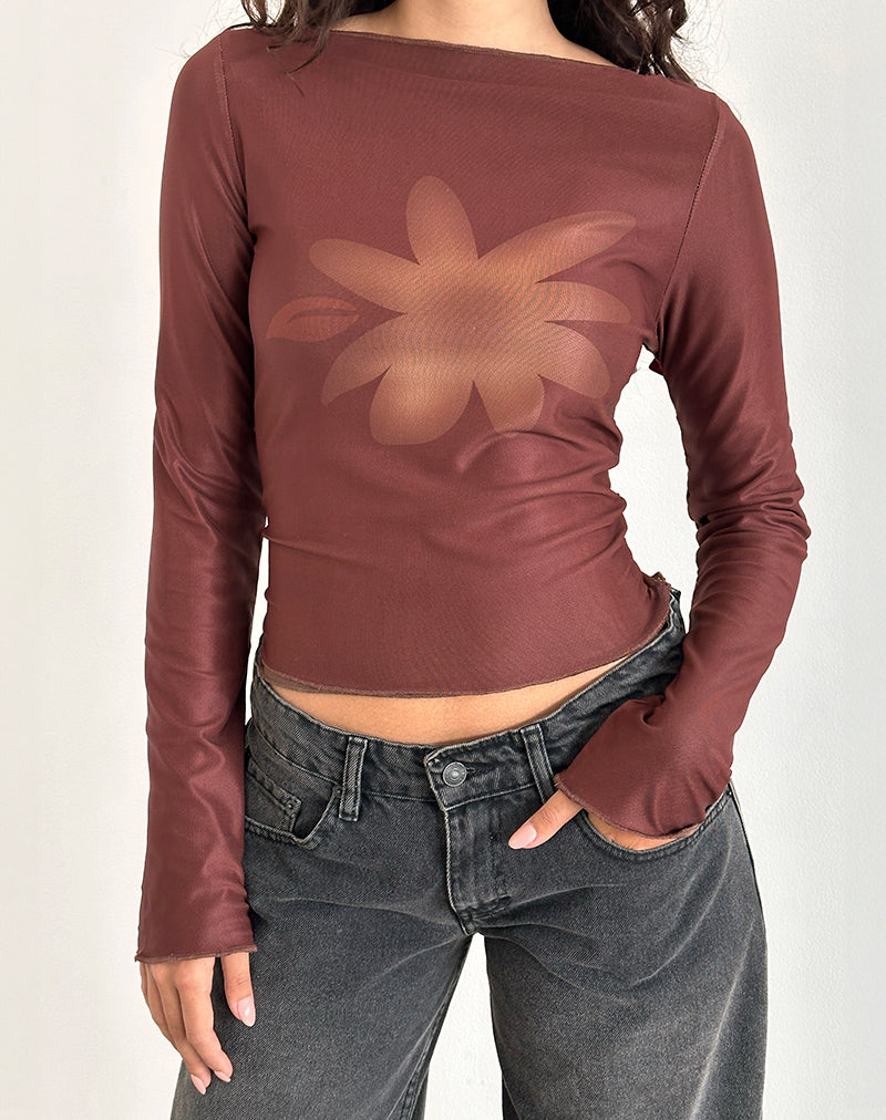 Armali Long Sleeve Top in Mesh Tonal Flower Brown-Nico Sky