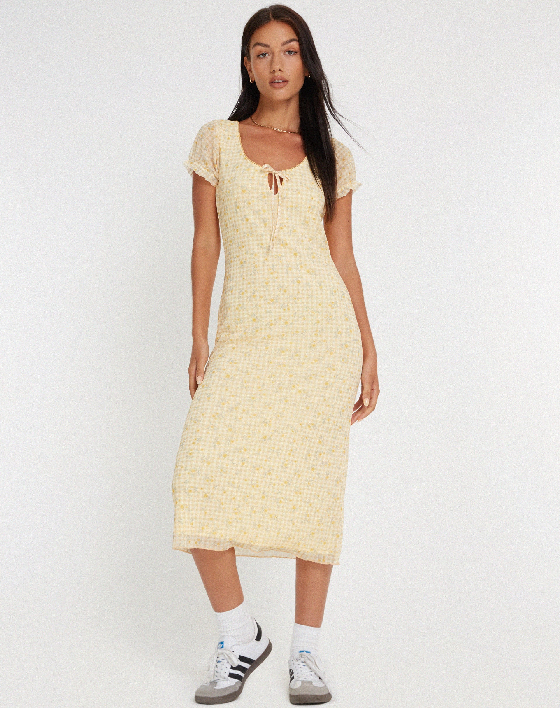 Aroha Midi Dress in Gingham Floral Yellow-Nico Sky