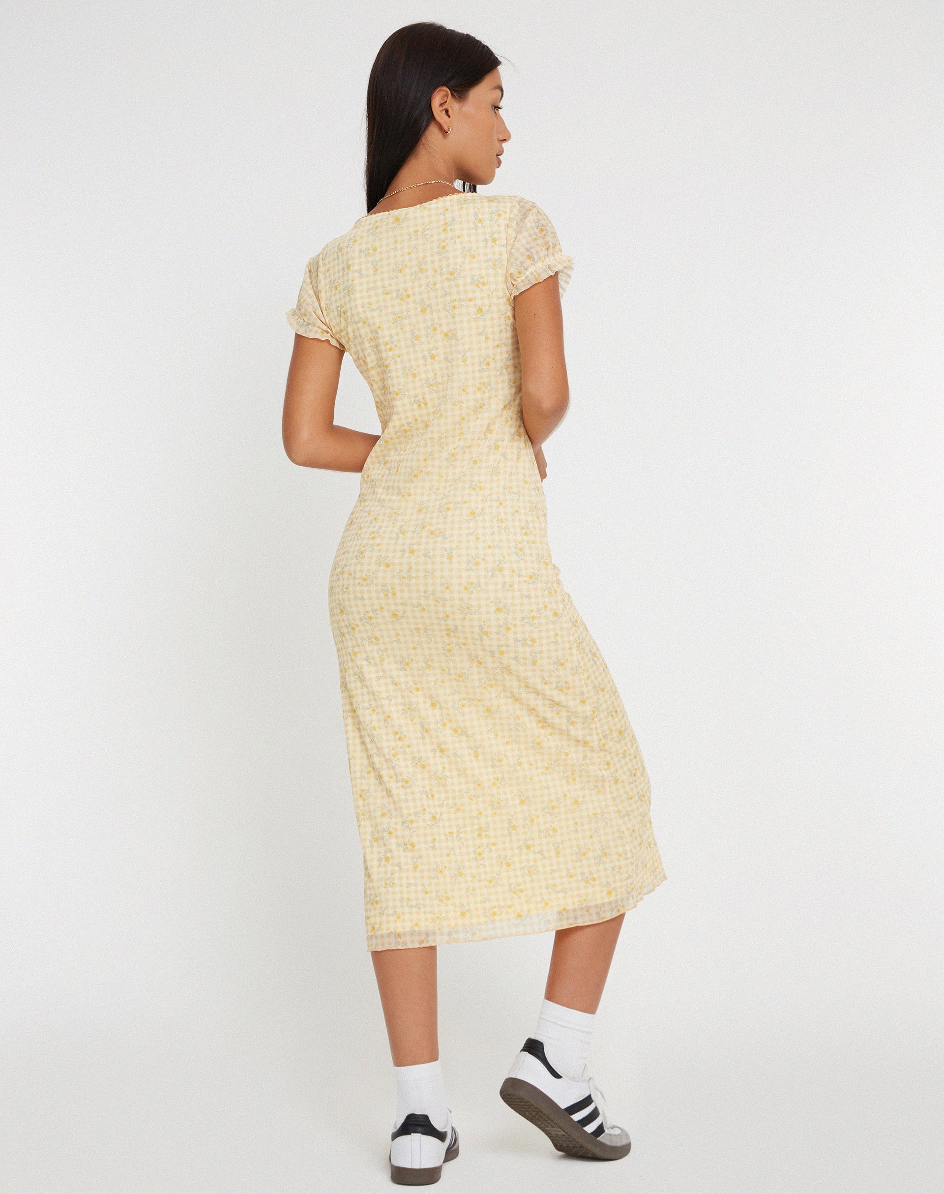 Aroha Midi Dress in Gingham Floral Yellow-Nico Sky