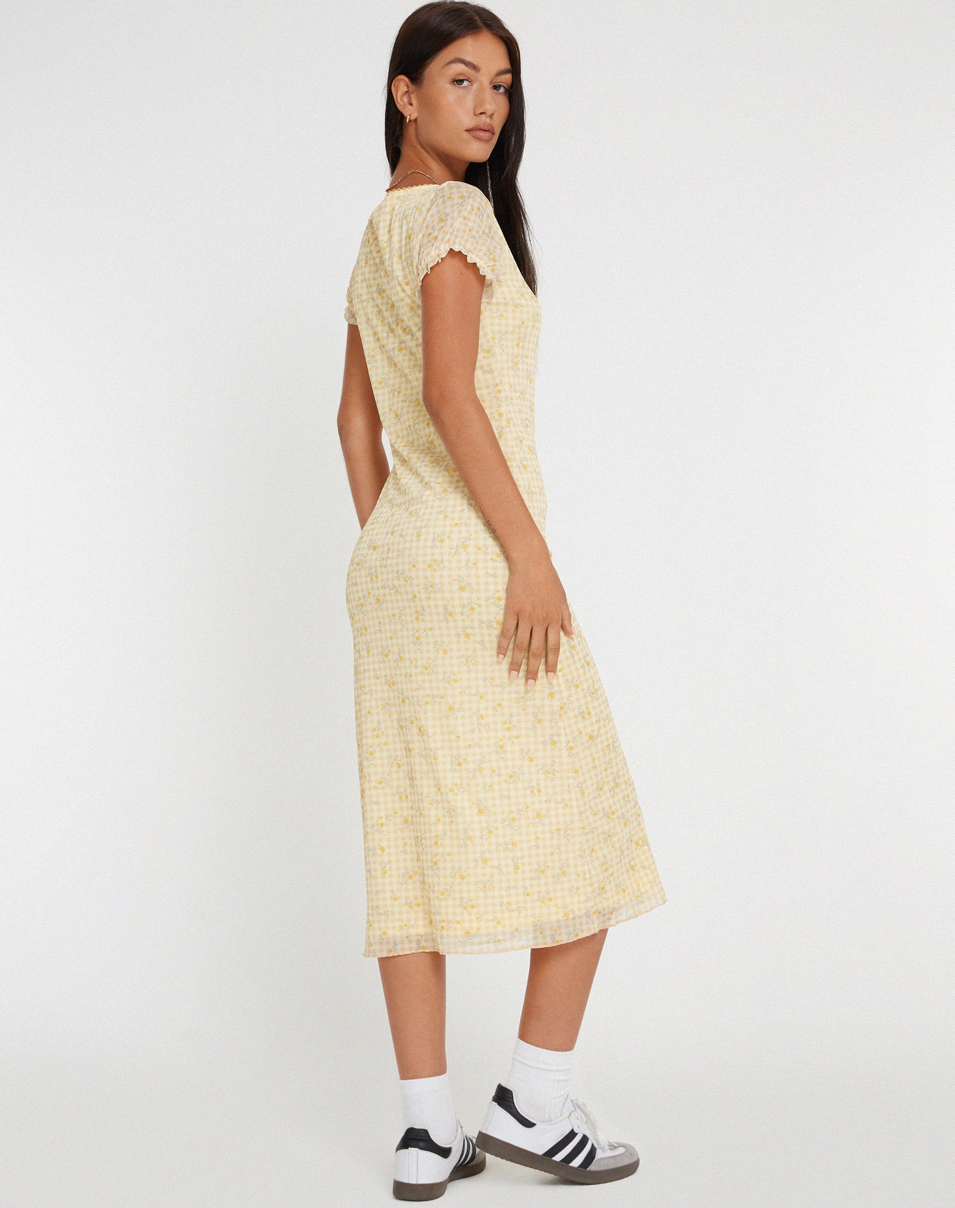 Aroha Midi Dress in Gingham Floral Yellow-Nico Sky