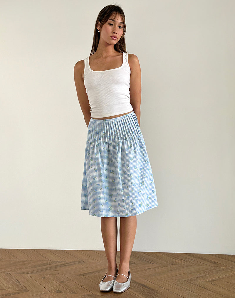 Asada Midi Skirt in Blue Flower Gingham-Nico Sky