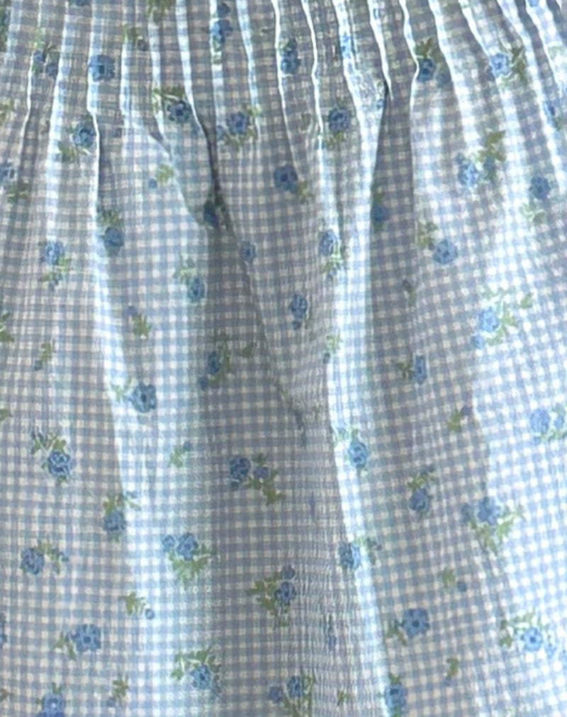 Asada Midi Skirt in Blue Flower Gingham-Nico Sky