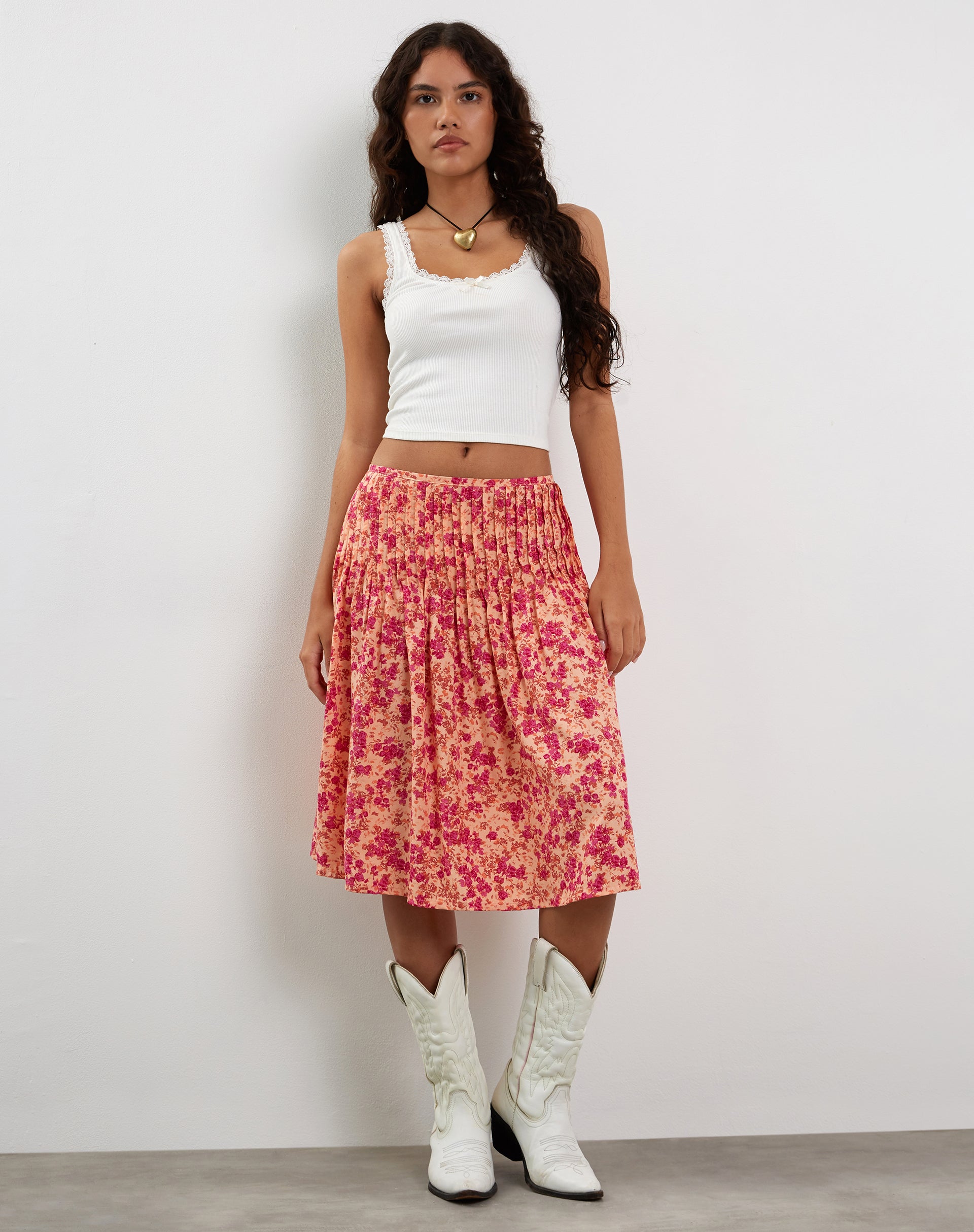 Asada Midi Skirt in Dark Wild Flower Cantaloupe-Nico Sky