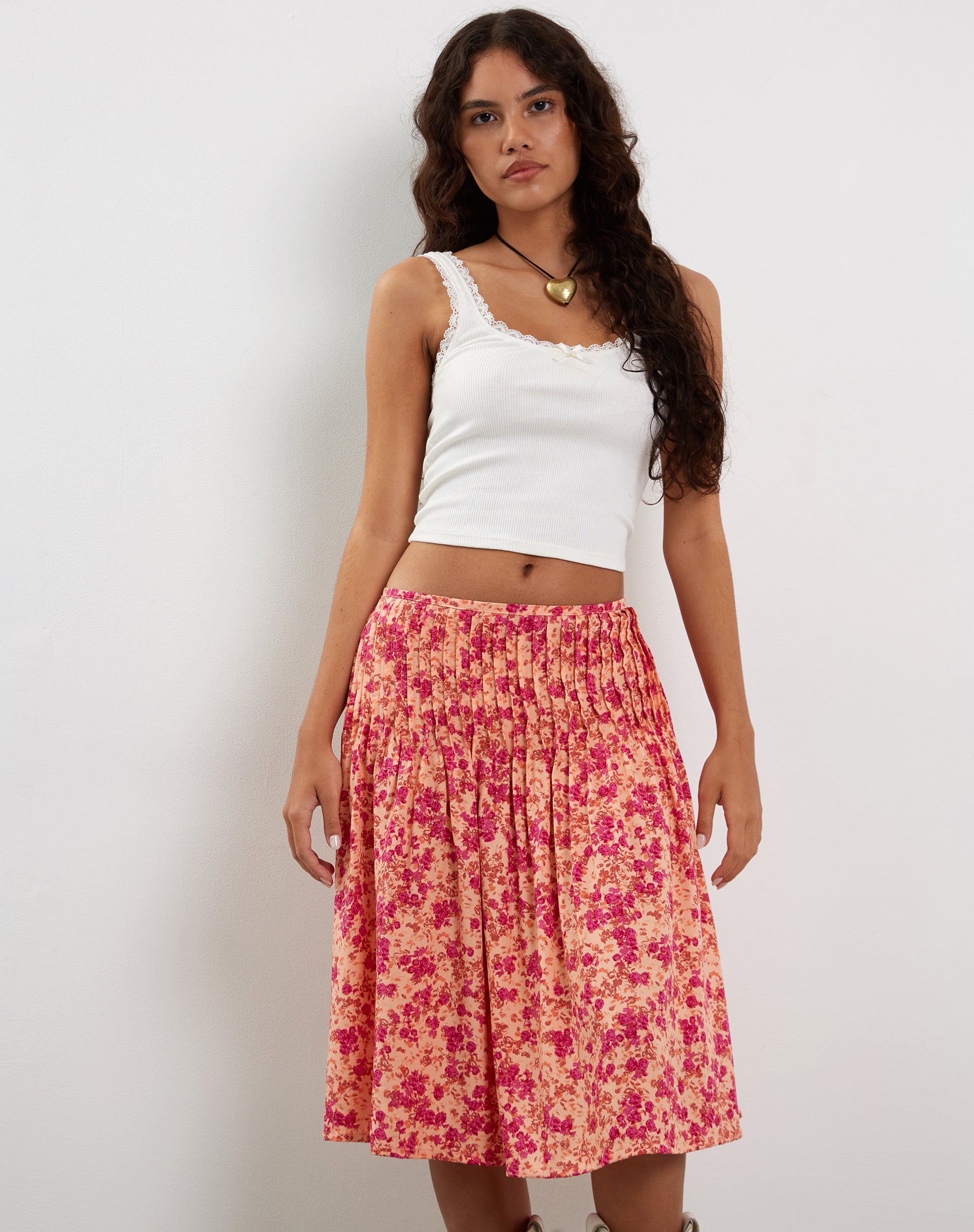 Asada Midi Skirt in Dark Wild Flower Cantaloupe-Nico Sky