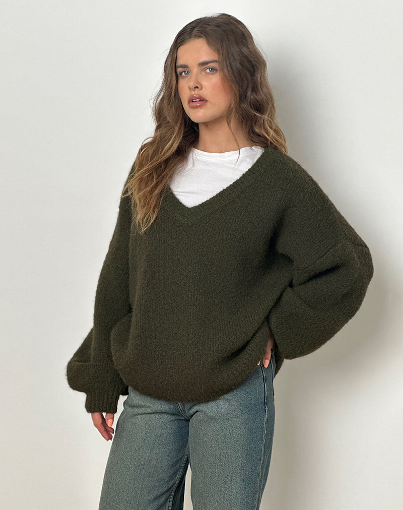 Asato Chunky V Neck Jumper in Brushed Khaki-Nico Sky