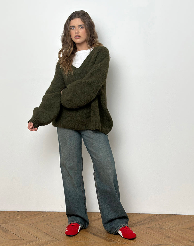 Asato Chunky V Neck Jumper in Brushed Khaki-Nico Sky