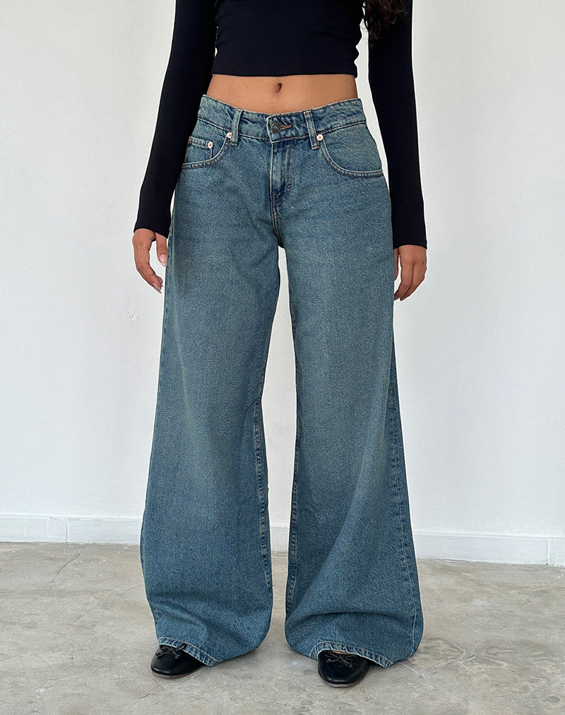 Roomy Oversized Low Rise Jeans in Vintage Blue Green-Nico Sky