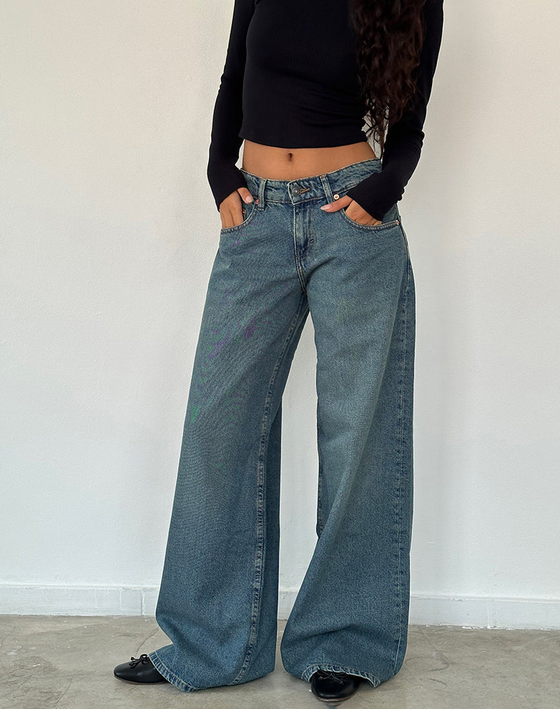 Roomy Oversized Low Rise Jeans in Vintage Blue Green-Nico Sky