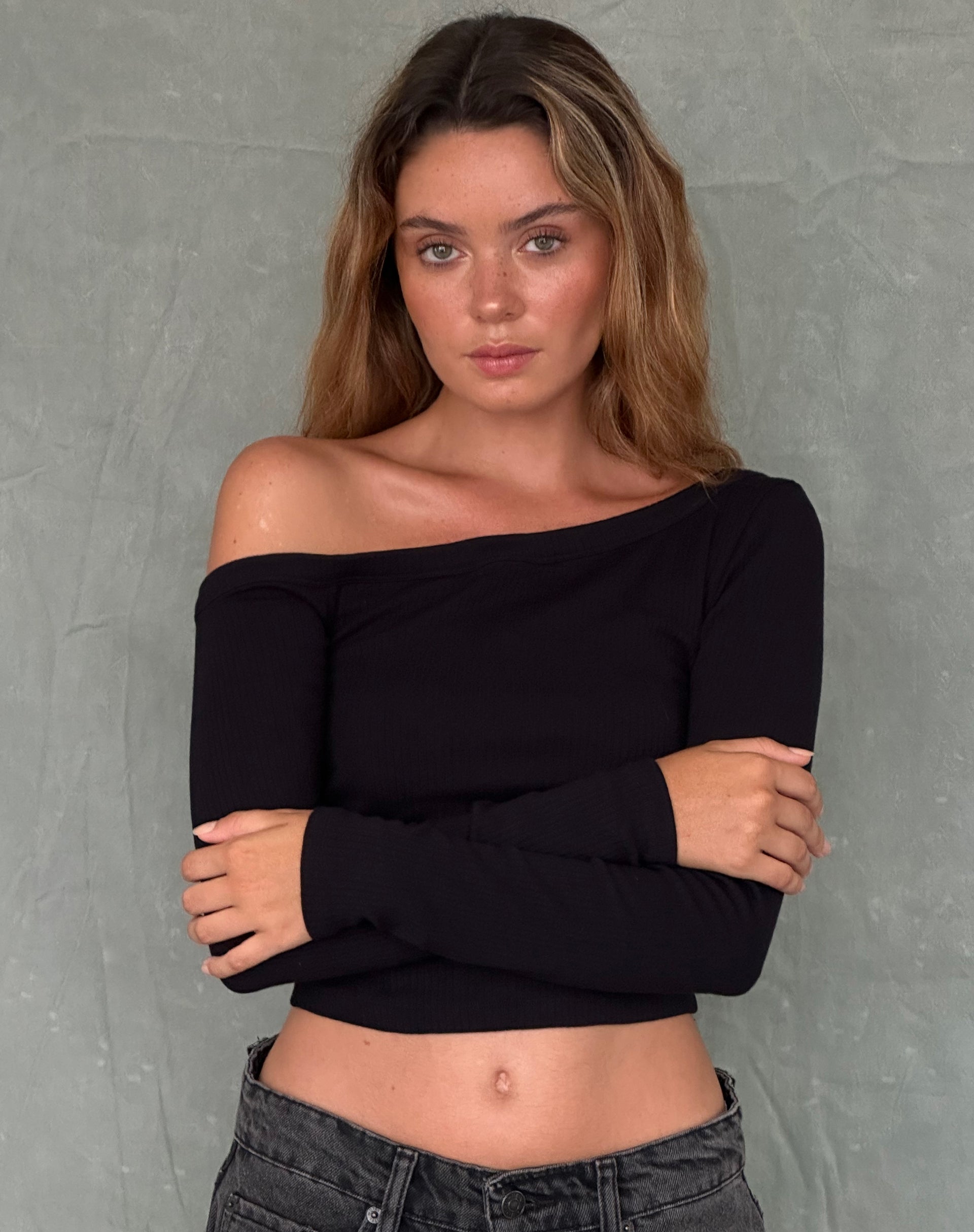 Ashia Asymmetric Long Sleeve Top in Black Super Soft Thick Rib-Nico Sky