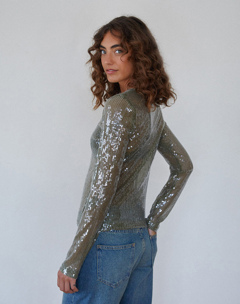 Ashram Top in Clear Khaki Green Sequin-Nico Sky