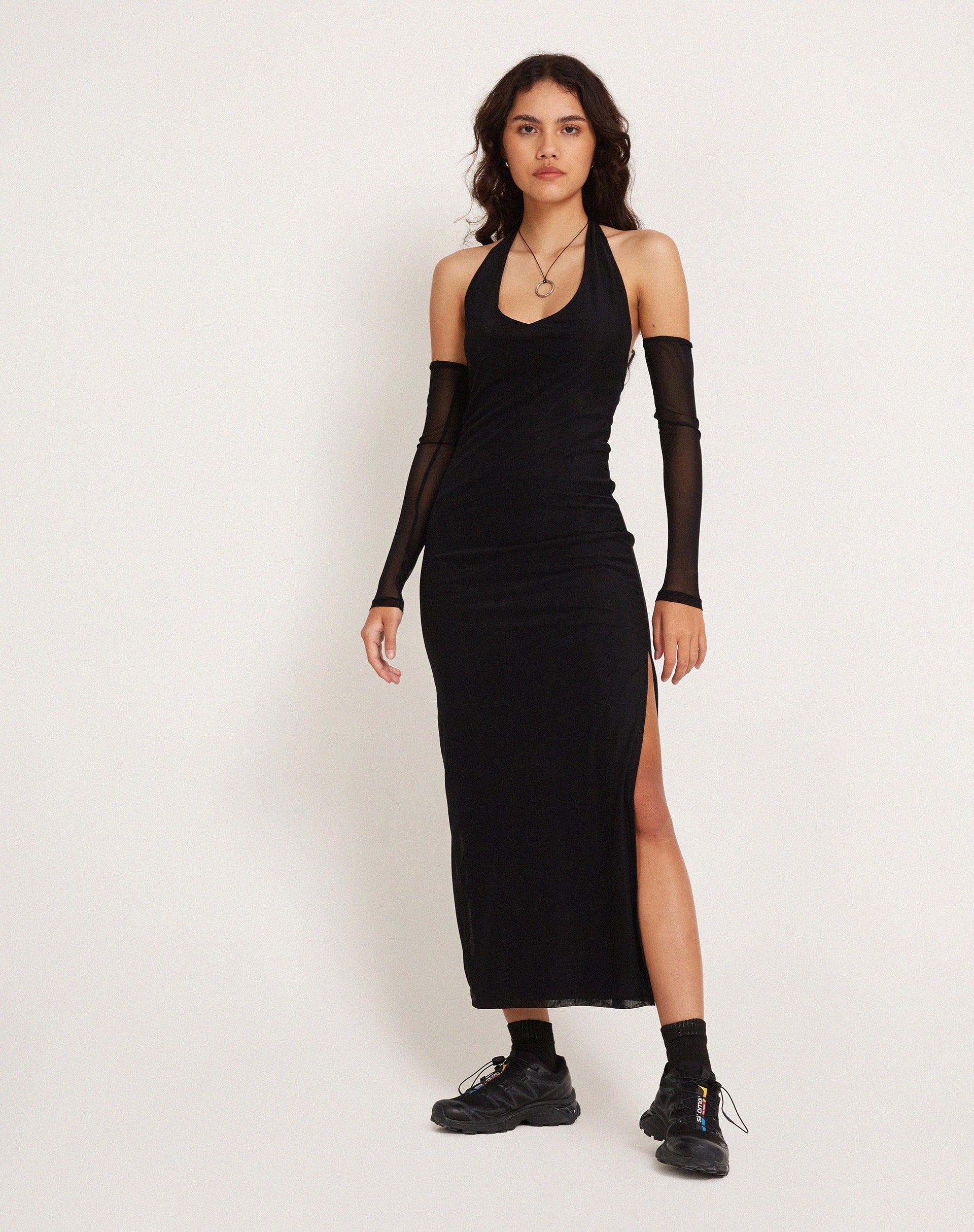 Asmala Halterneck Maxi Dress and Sleeve Set in Black Mesh-Nico Sky