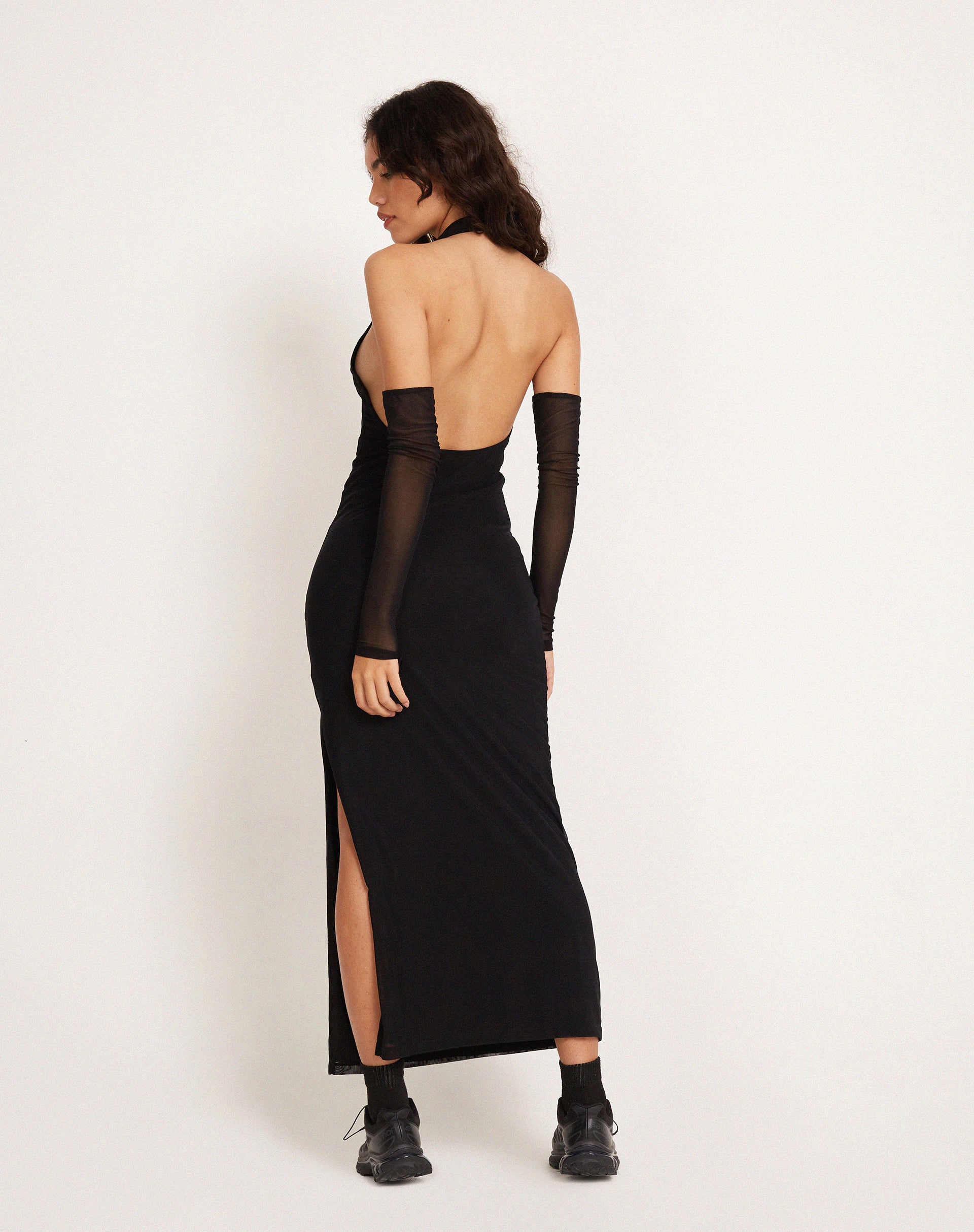 Asmala Halterneck Maxi Dress and Sleeve Set in Black Mesh-Nico Sky