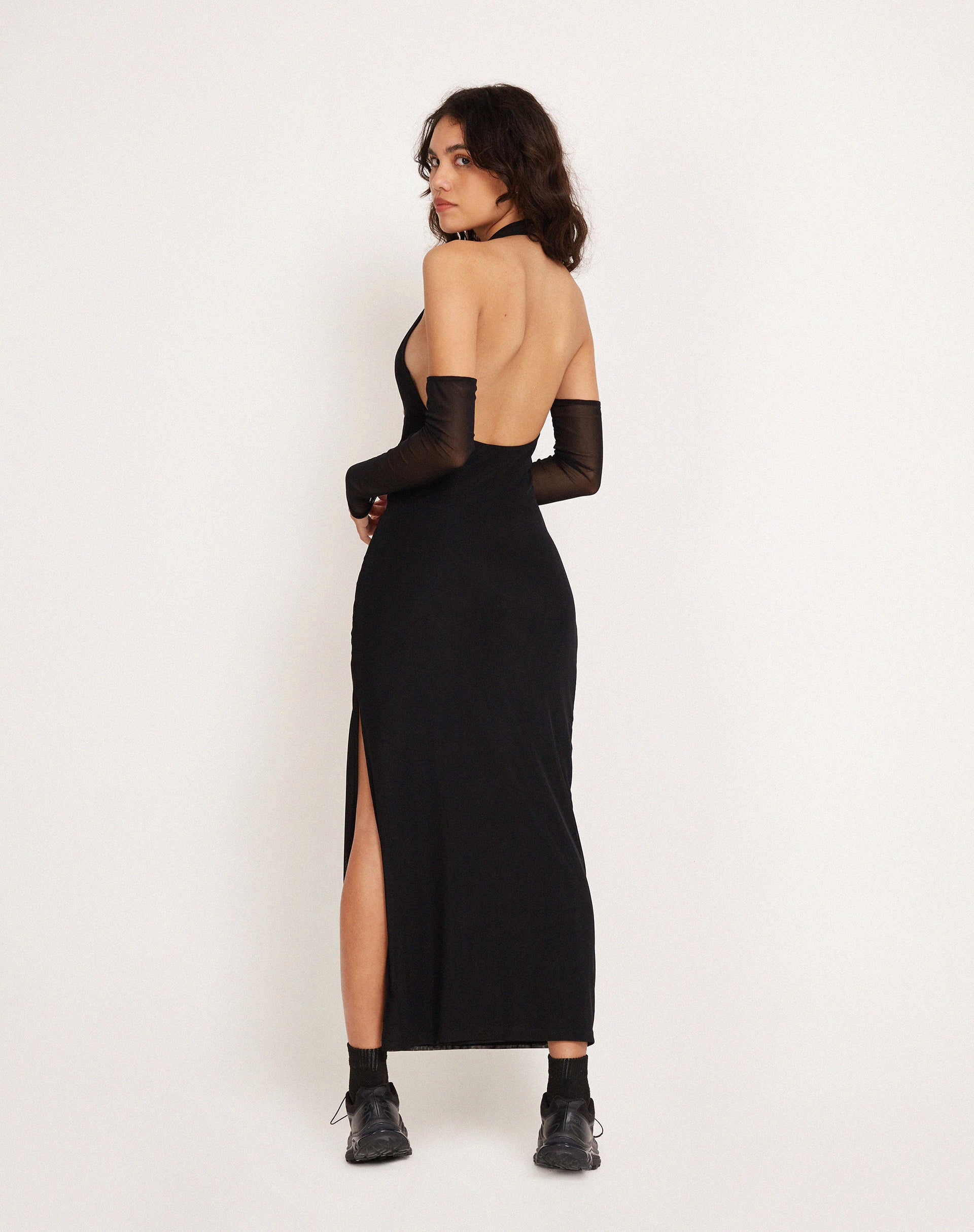 Asmala Halterneck Maxi Dress and Sleeve Set in Black Mesh-Nico Sky