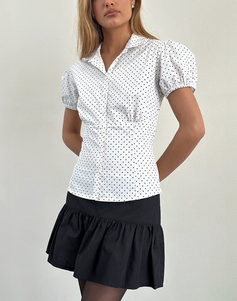 Aspen Puff Sleeve Blouse in Micro Polka White and Black-Nico Sky
