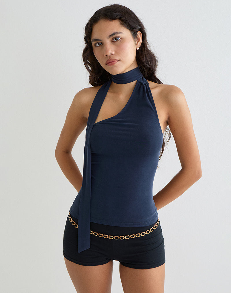 Aspyn High Neck Tie Top in Cupro Navy-Nico Sky