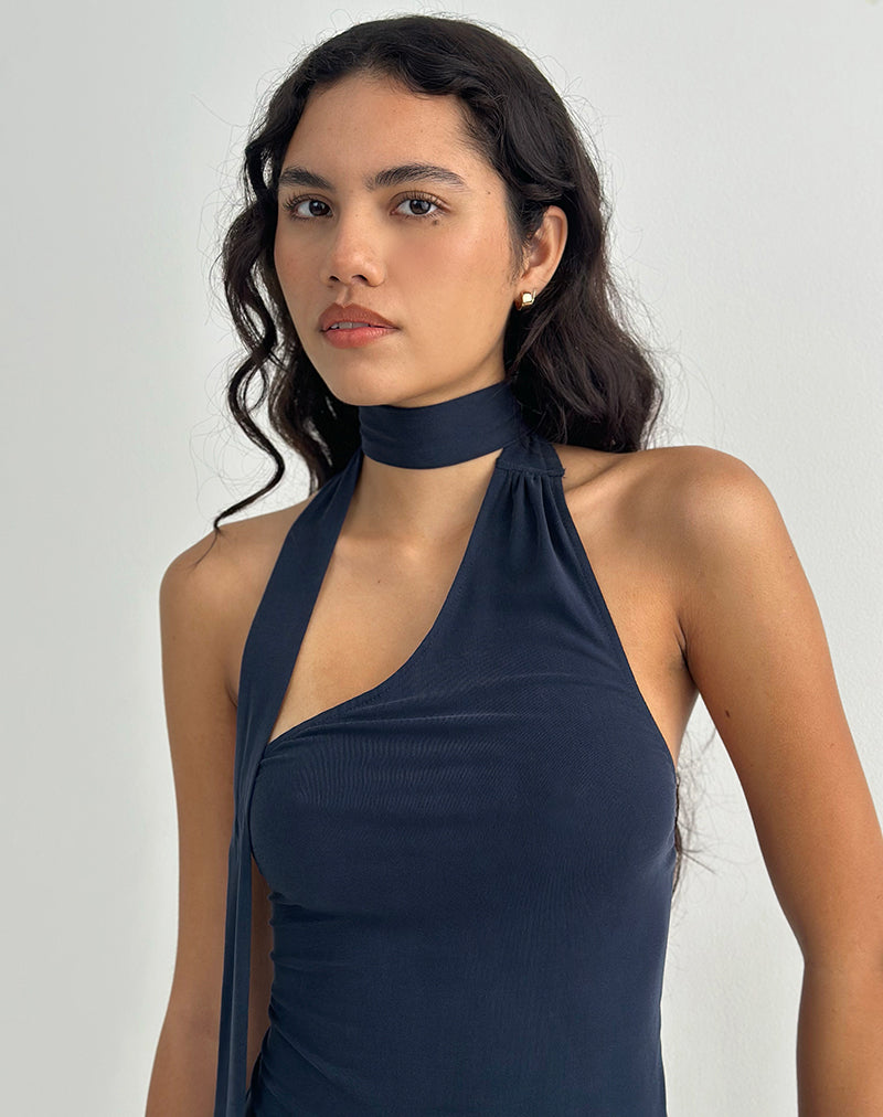 Aspyn High Neck Tie Top in Cupro Navy-Nico Sky