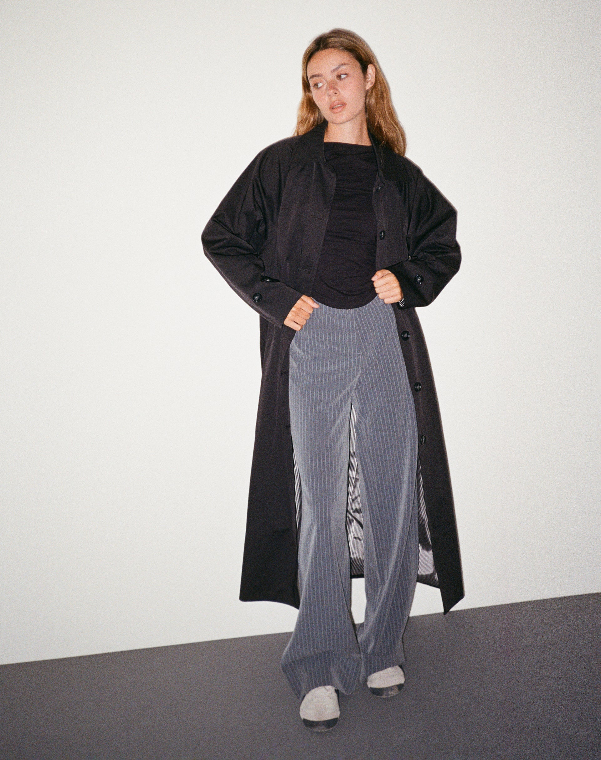 Assa Trench Coat in Black with Stripe Lining-Nico Sky