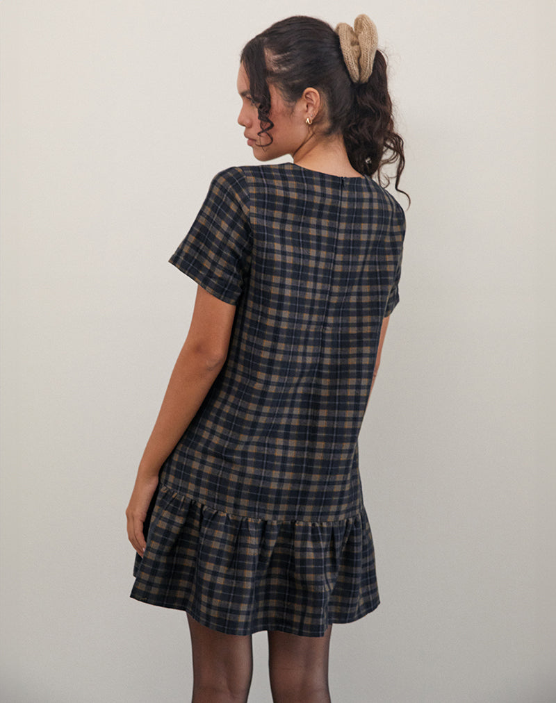 Asterin Mini Smock Dress in Navy Mustard Check-Nico Sky