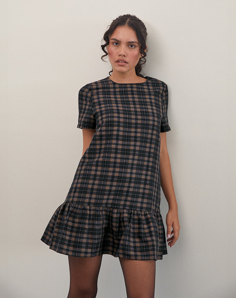 Asterin Mini Smock Dress in Navy Mustard Check-Nico Sky