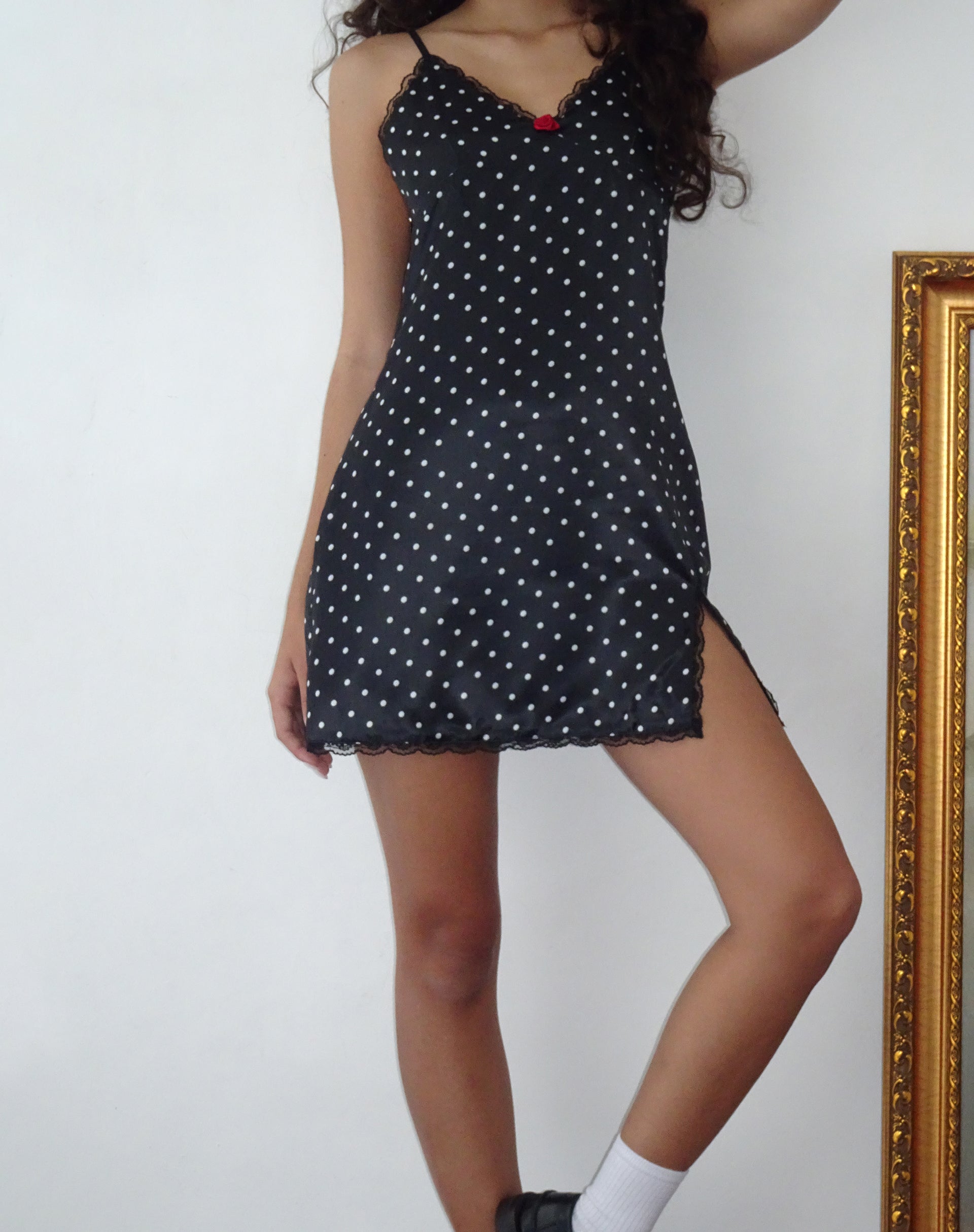 Astrid Satin Mini Dress in Polka Dot Black-Nico Sky