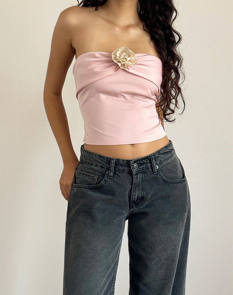 Astrum Satin Bandeau Top in Pink with Ivory Rose-Nico Sky