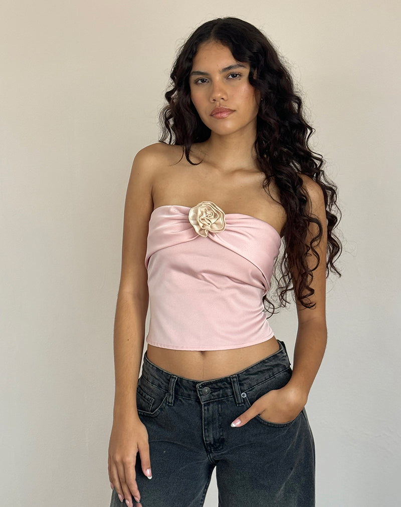 Astrum Satin Bandeau Top in Pink with Ivory Rose-Nico Sky
