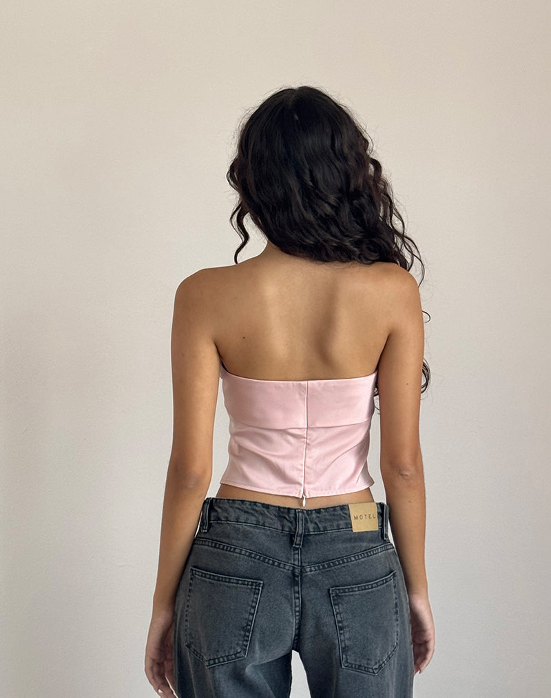 Astrum Satin Bandeau Top in Pink with Ivory Rose-Nico Sky