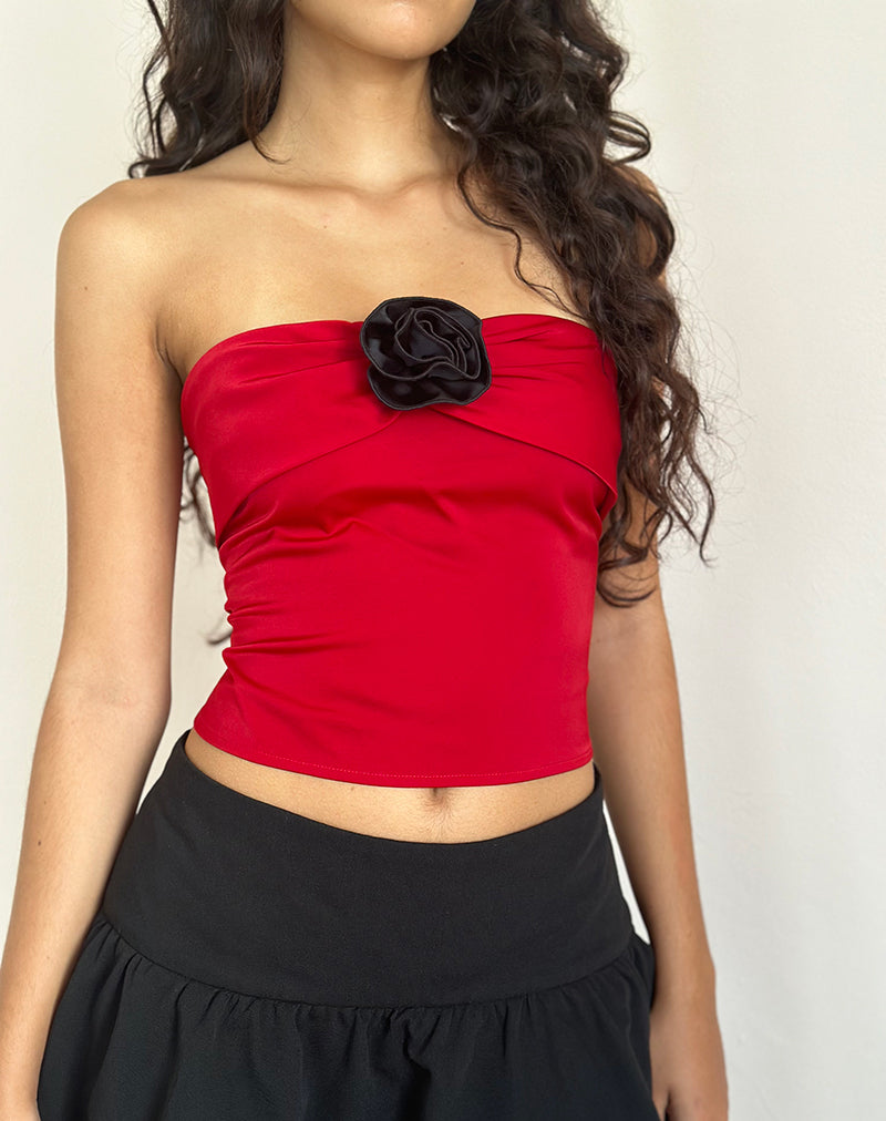 Astrum Satin Bandeau Top in Red with Black Rose-Nico Sky