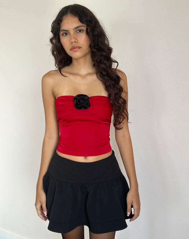 Astrum Satin Bandeau Top in Red with Black Rose-Nico Sky
