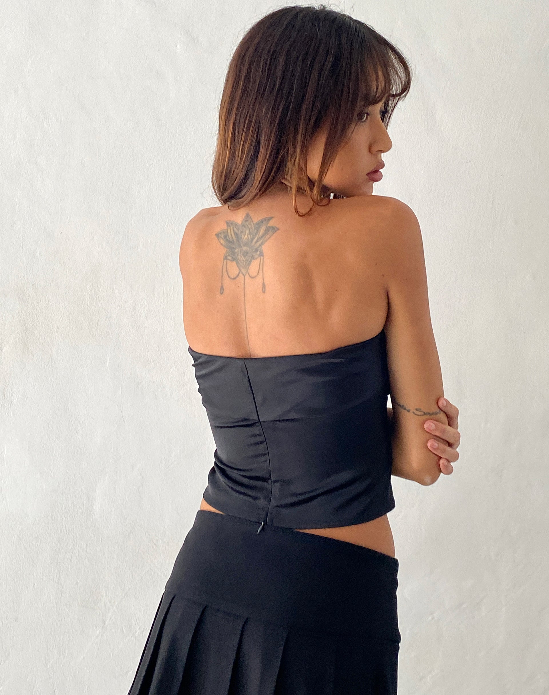 Astrum Bandeau Satin Top in Black with Rosette-Nico Sky