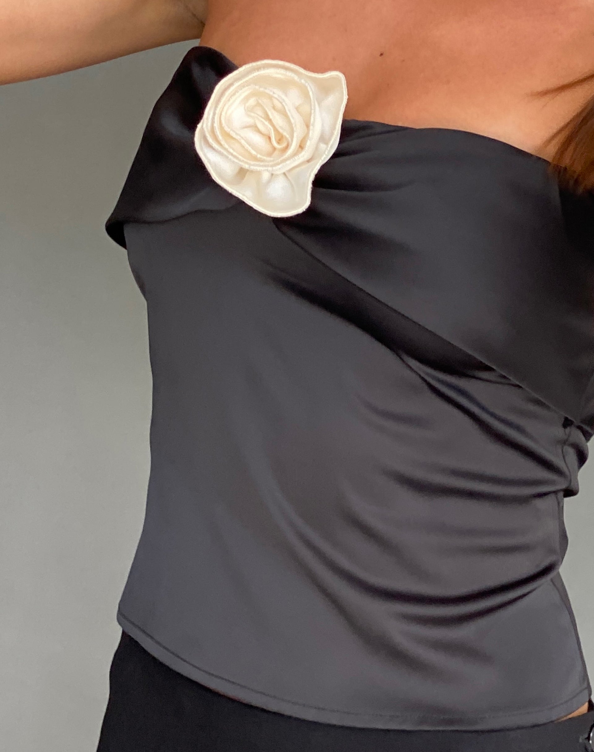 Astrum Bandeau Satin Top in Black with Rosette-Nico Sky