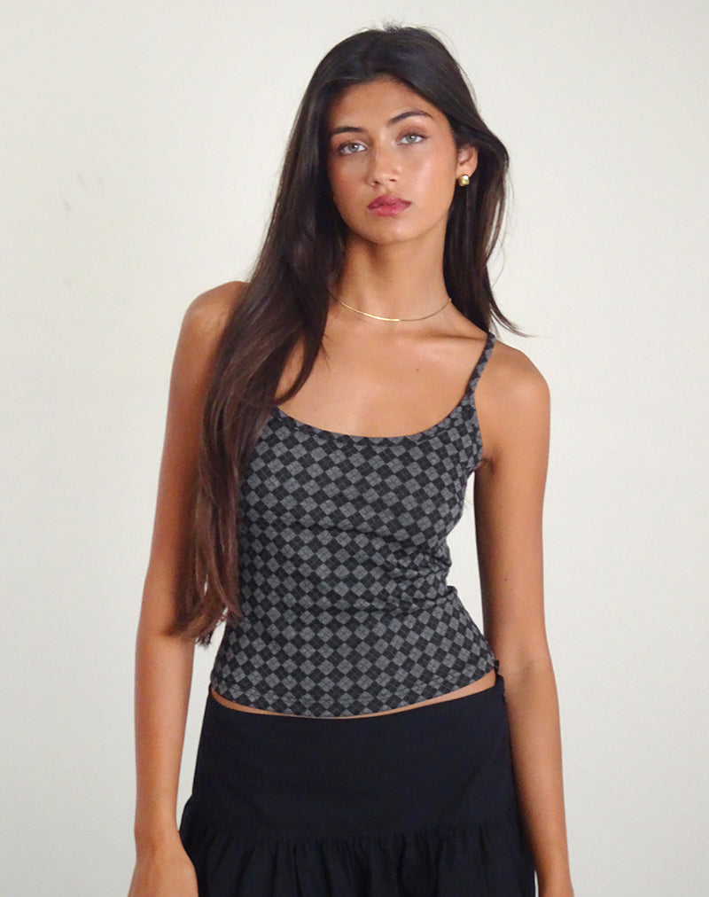 Atarah Knit Cami Top in Argyle Black Grey-Nico Sky