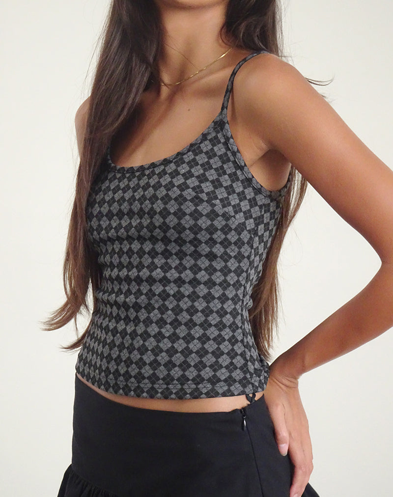 Atarah Knit Cami Top in Argyle Black Grey-Nico Sky