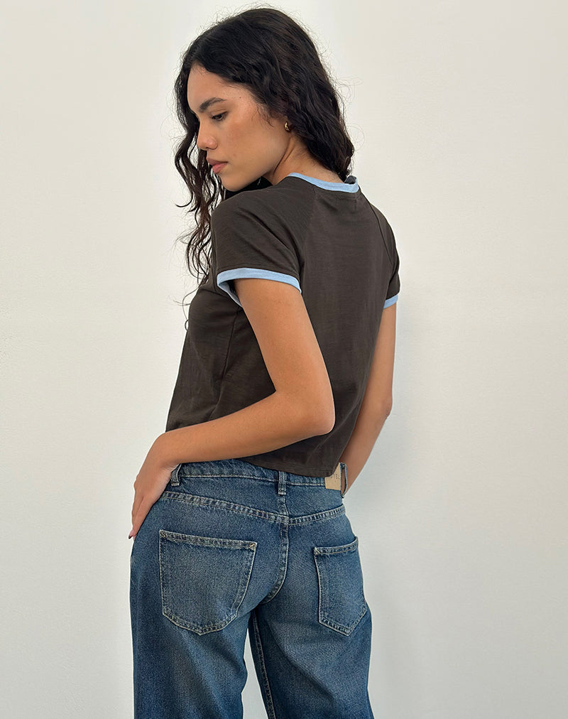 Atenga Tee in Chocolate Brown with Light Blue Binding-Nico Sky