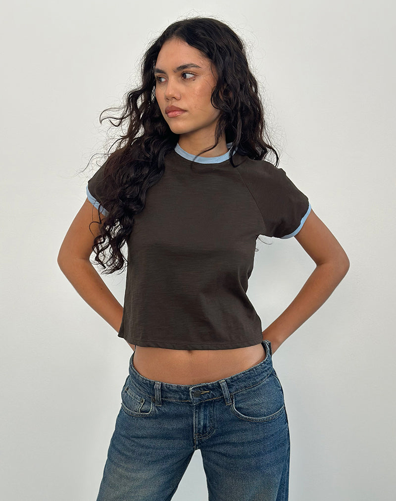 Atenga Tee in Chocolate Brown with Light Blue Binding-Nico Sky