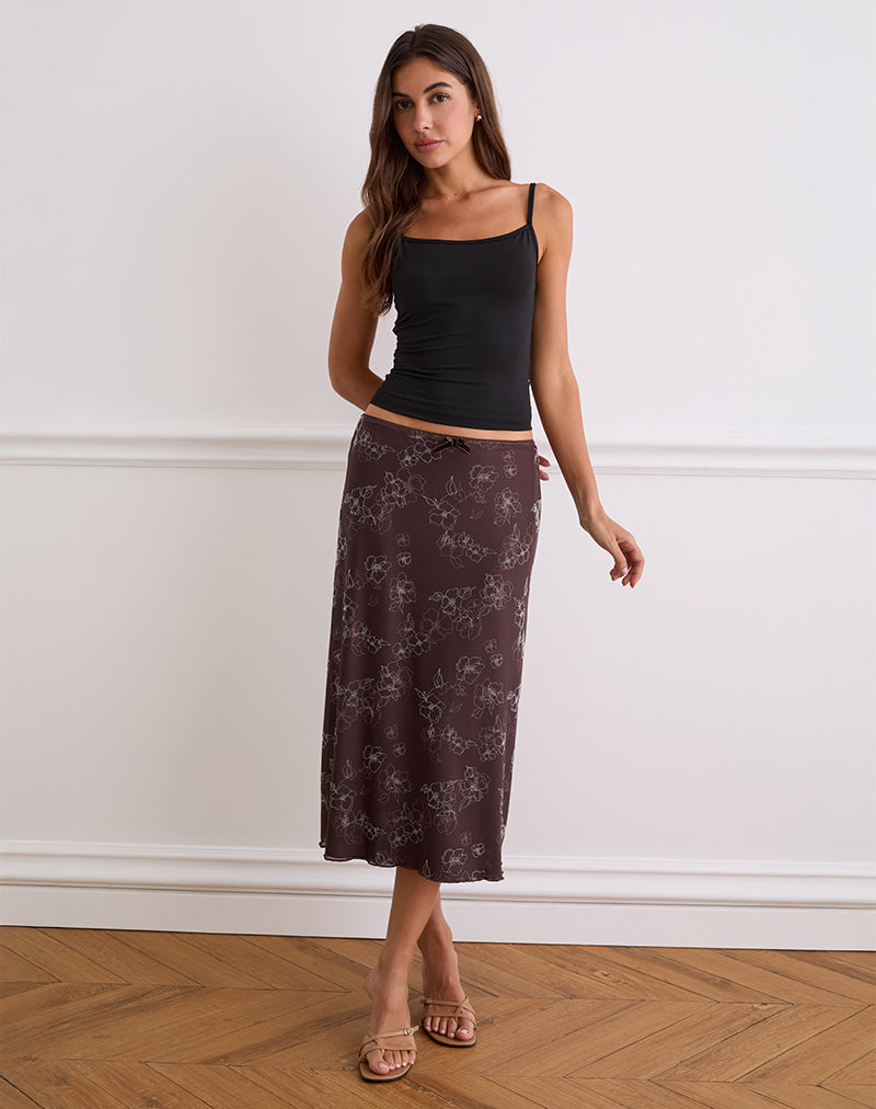 Atira Midi Skirt in Doodle Flower Flock Brown-Nico Sky