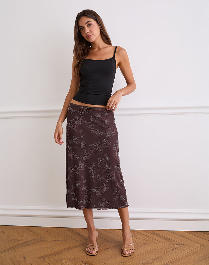 Atira Midi Skirt in Doodle Flower Flock Brown-Nico Sky