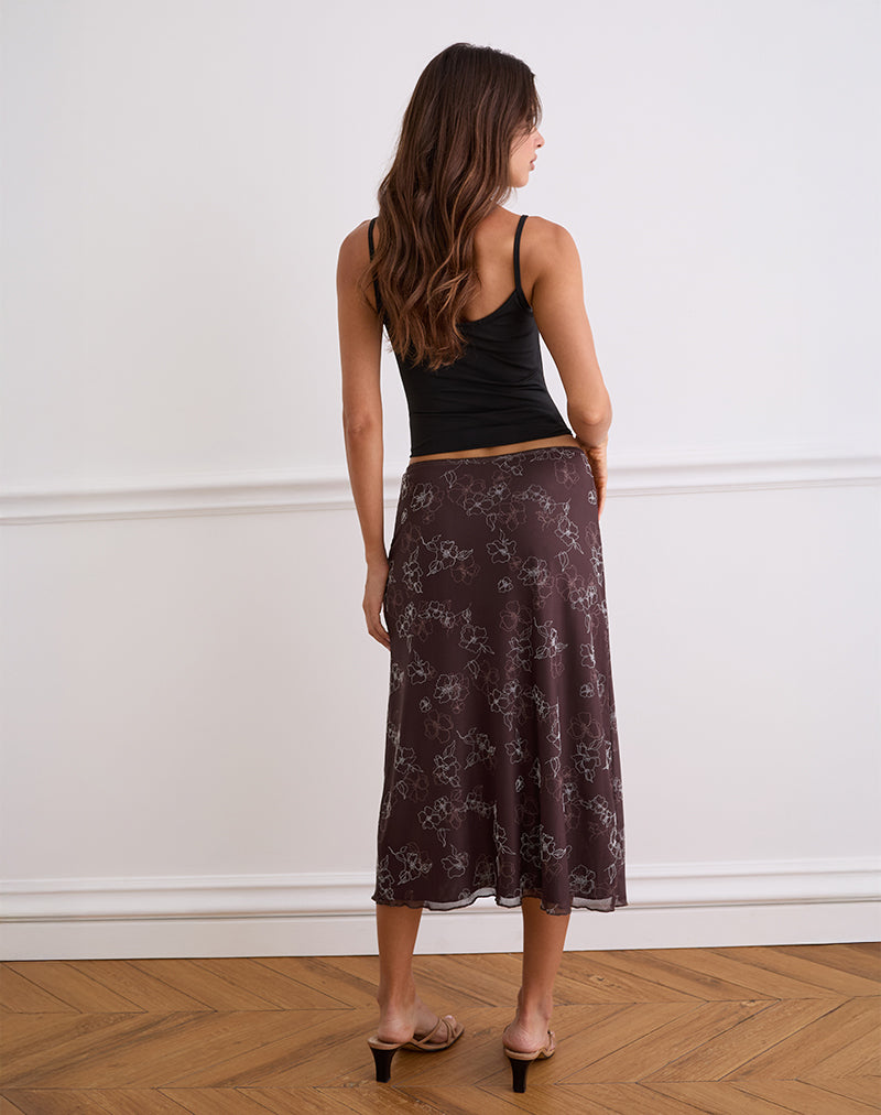 Atira Midi Skirt in Doodle Flower Flock Brown-Nico Sky