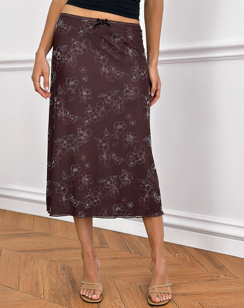 Atira Midi Skirt in Doodle Flower Flock Brown-Nico Sky