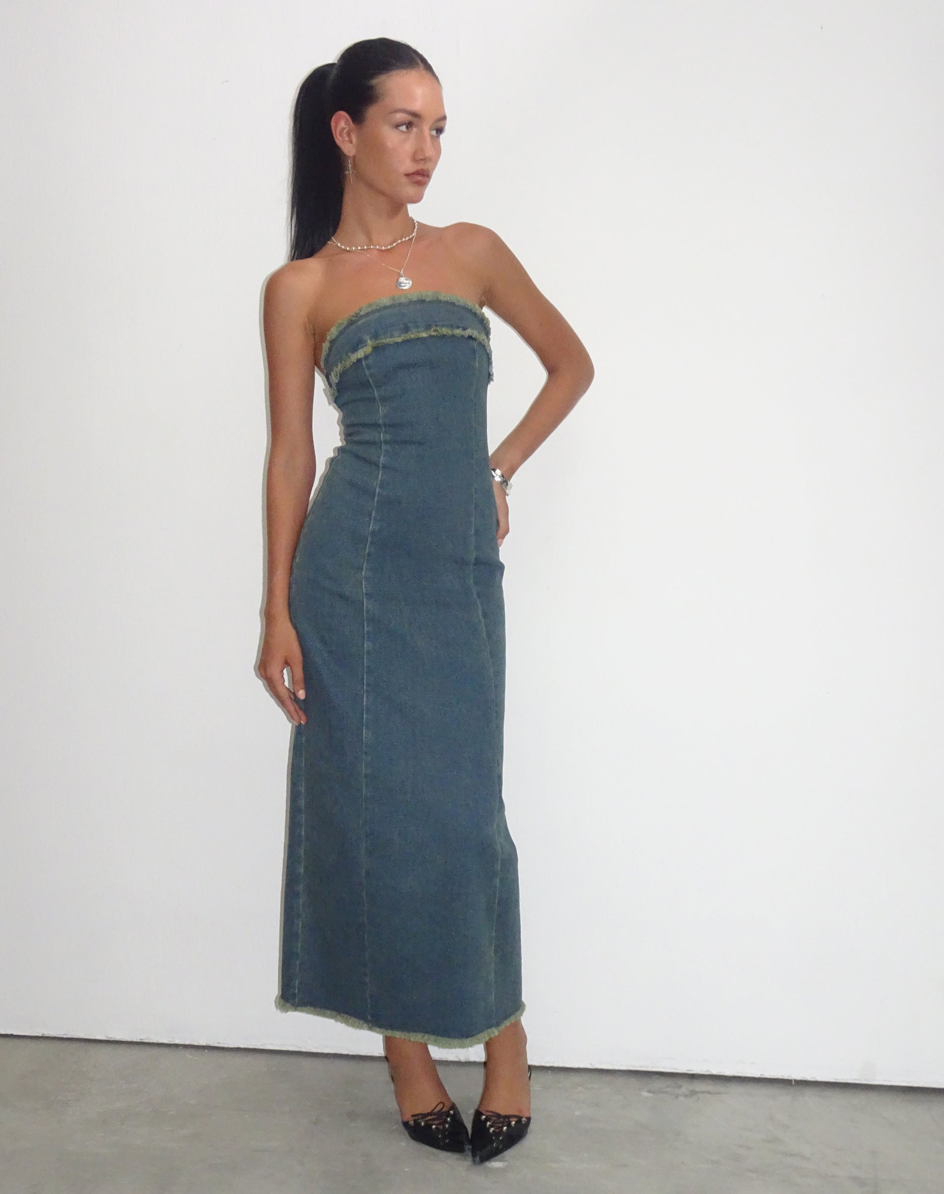 Atun Denim Bandeau Maxi Dress in Brown Blue Acid Wash-Nico Sky