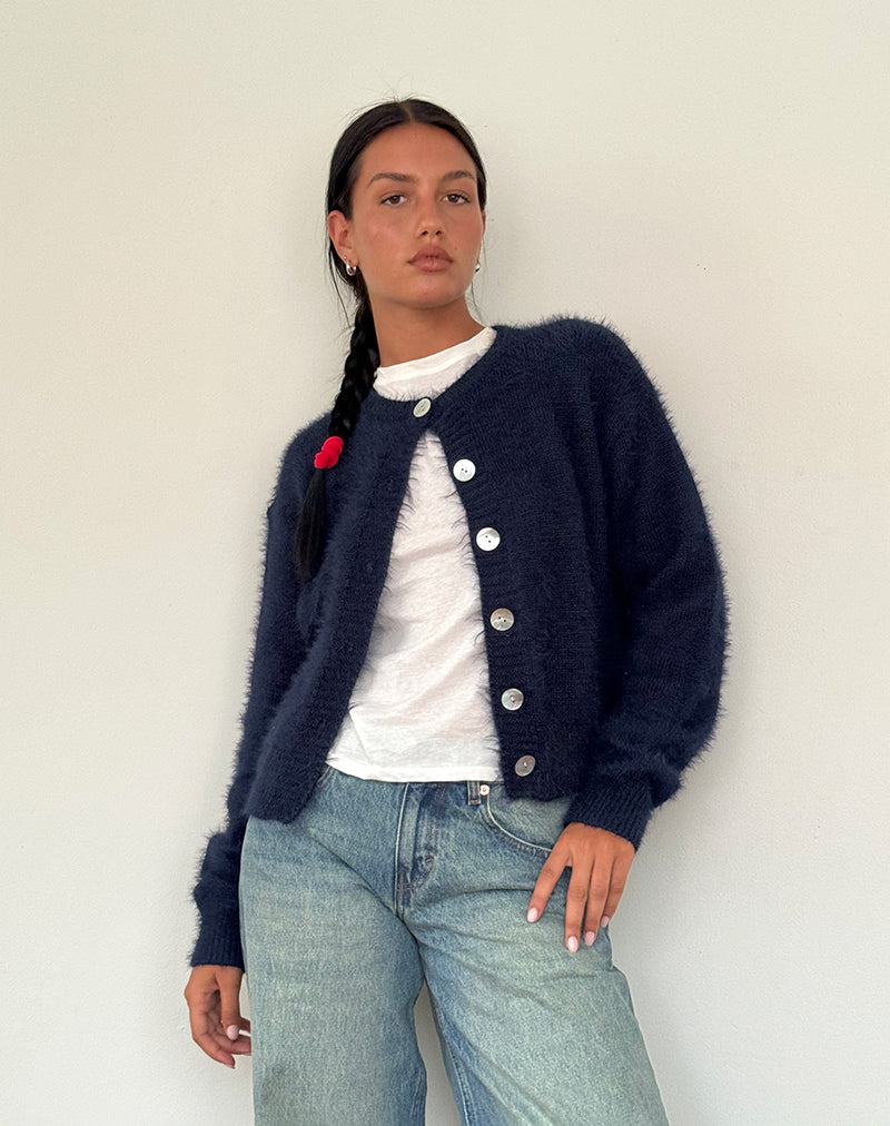 Audrina Cardigan In Fluffy Knit Navy-Nico Sky
