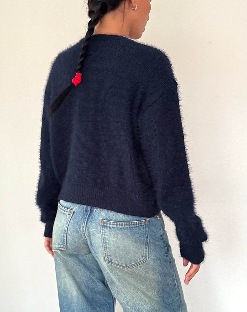 Audrina Cardigan In Fluffy Knit Navy-Nico Sky