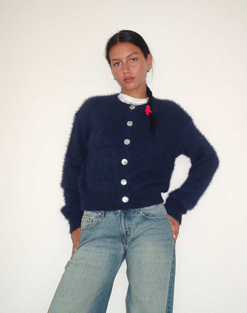 Audrina Cardigan In Fluffy Knit Navy-Nico Sky