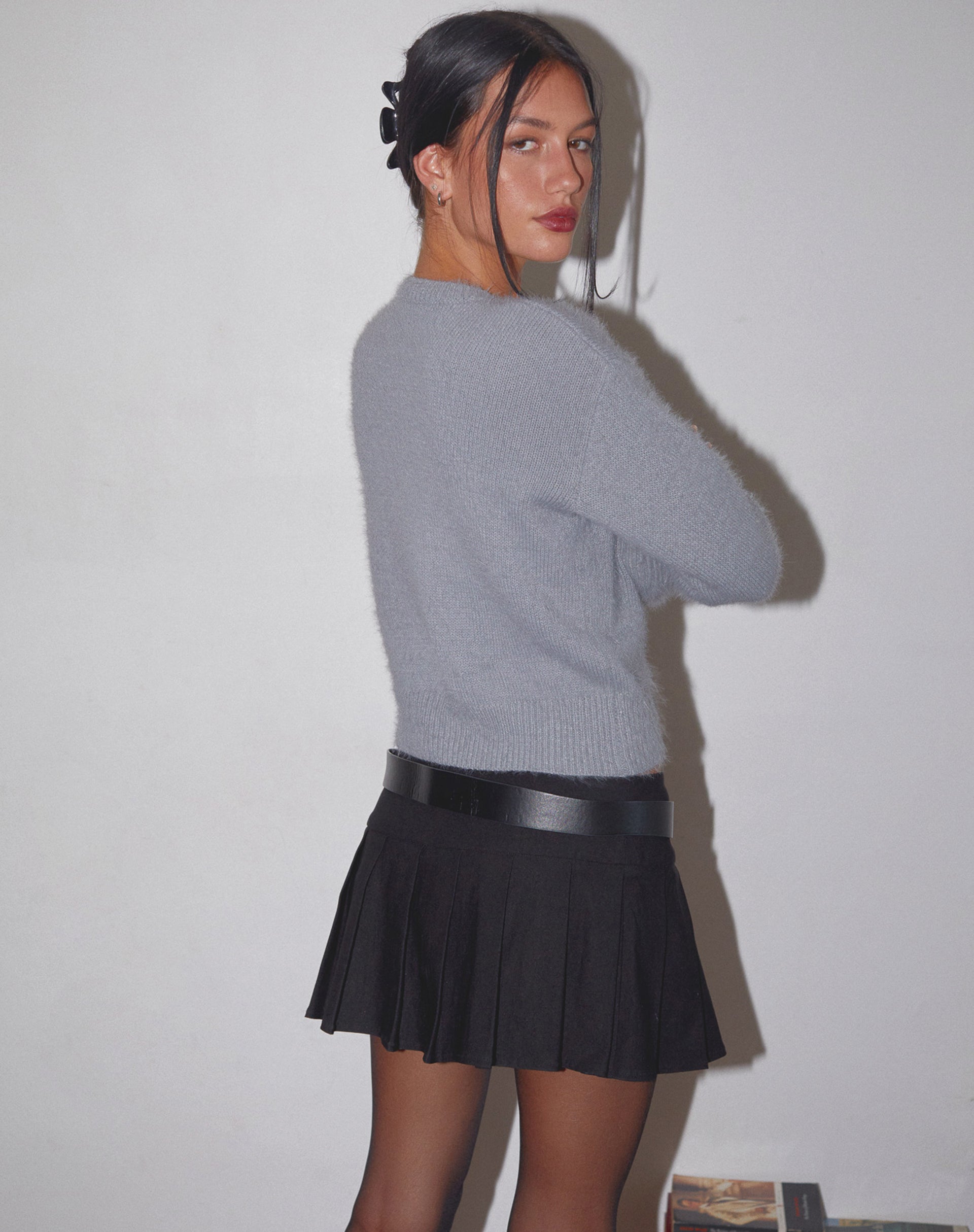 Audrina Cardigan in Fluffy Knit Grey-Nico Sky