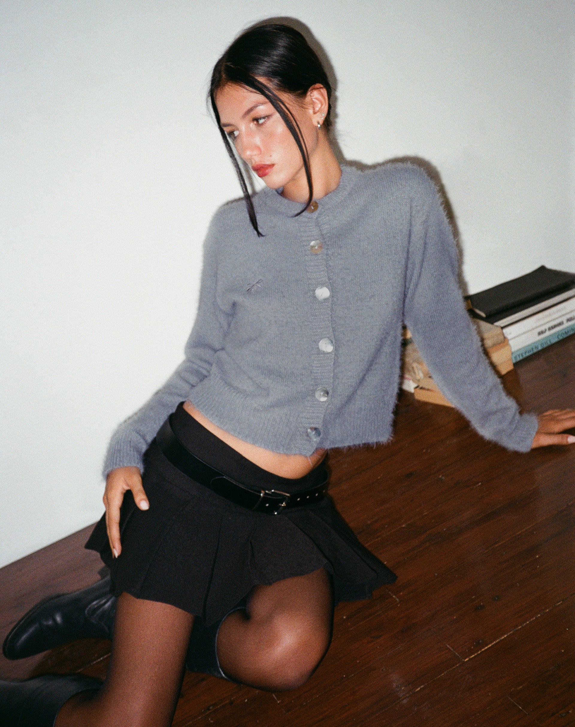 Audrina Cardigan in Fluffy Knit Grey-Nico Sky