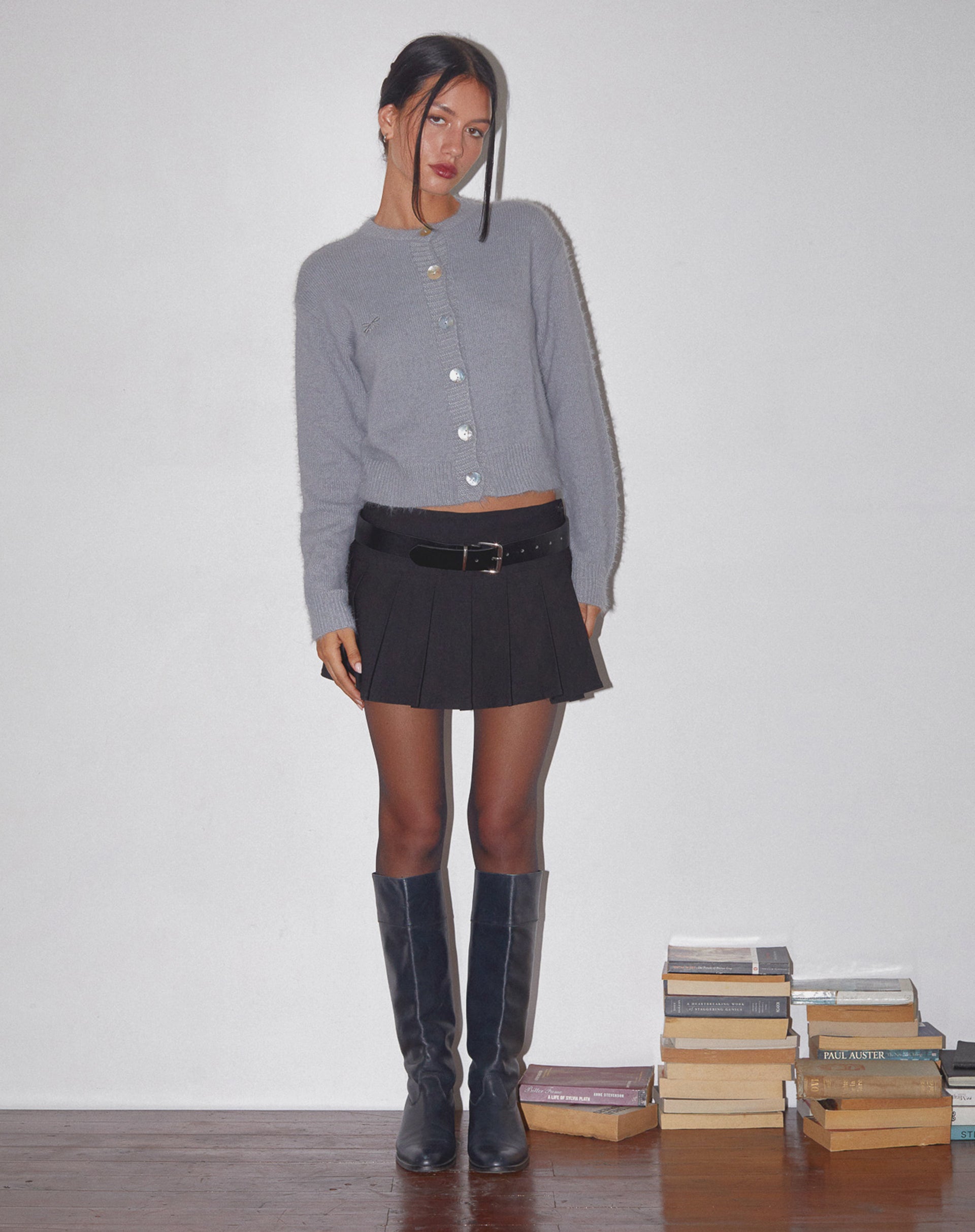 Audrina Cardigan in Fluffy Knit Grey-Nico Sky